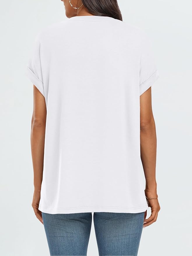 AUTOMET Women's Oversized Short Sleeve T Shirts Casual Drop Shoulder Rolled Cuff Summer Tops for Work, Travel and Lounge