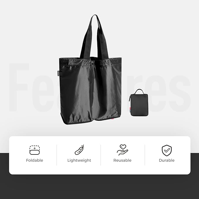 pack all 16L Lightweight Packable Tote Bag, Water Resistant Foldable Grocery Bag, Reusable Shopping Bag (Black)