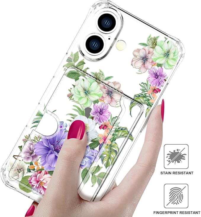 Compatible with iPhone 16 Plus Case Card Holder for Women Cute Design,Wallet Phone Cases Transparent Cool Kawaii Protective (Clear Impressive Flowers)