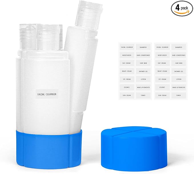 Olatay Travel Bottle, TSA approved 4-in-1 Leak-Proof Bottle, 4 * 60ml/2oz, with 2 Pre-printed Labels for Travel Gym Camping, Carry-On Travel Size Toiletries Shampoo Lotion Bottle for Women Men（Blue)