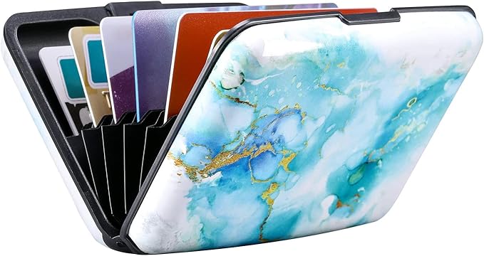 ELFISH Mini RFID Aluminum Wallet Credit Cards Holder Business Card Case Metal ID Case for Men Women (Green Marble)