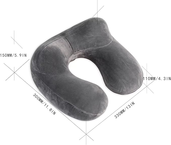 Inflatable Travel Pillow, Neck Pillow Support for Traveling, Airplanes, Cars, and Offices with Compact Carrying Bag, Soft Velvet Washable Cover, Ideal for Adult Sleepers (Grey)