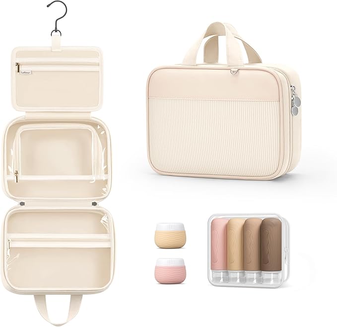 Lotour Travel Toiletry Bag for Women with Travel Size Silicone Containers Set, Hanging Toiletry Bag for toiletries, Cosmetic Bag Travel Organizer (White)