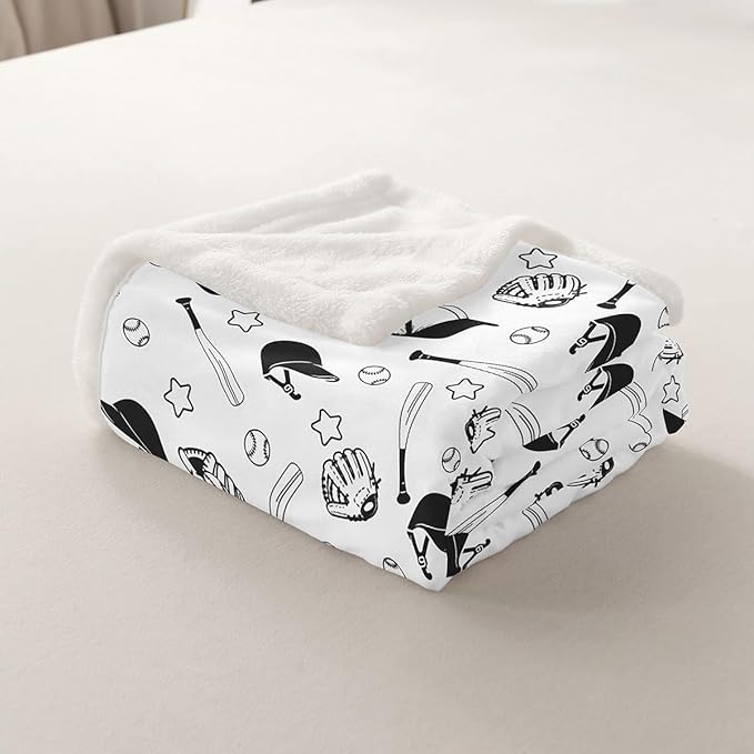 Baseball Kids Throw Blanket,Baseball Bat Glove Cartoon Bed Blanket for Girls Boys Adults,Stars Ball Sports Games Fleece Blanket,Black White Fashion Fuzzy Blanket,Baby Size (30 x 39 Inches)