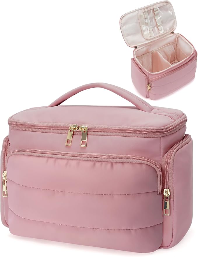 WANDF Travel Toiletry Bag for Women, Wide-open Large Makeup Bag with Handle, Puffy Makeup Organizer for Toiletries, Cosmetics, Accessories, Essentials (Dusty Pink)
