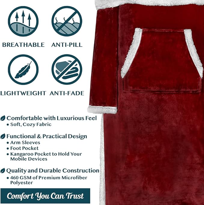 PAVILIA Sherpa Blanket with Sleeves, Foot Pocket for Women Men Adults, Thick Wearable Blanket Throw Wrap, Fleece Warm Snuggle Blanket Robe, Cozy Gift Ideas Wife Mom, Dark Red