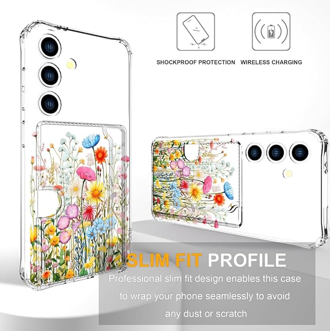 Compatible with Samsung Galaxy S24 / S25 Case Card Holder for Women Cute Design,Wallet Phone Cases Transparent Cool Kawaii Protective (Clear Flowers Herbs Wild Plants)