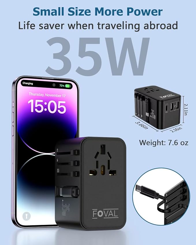 FOVAL European Travel Plug Adapter, Universal Travel Adapter with Retractable USB C Cable, All-in-one International Power Adapter for Europe Italy UK US AUS (35W)