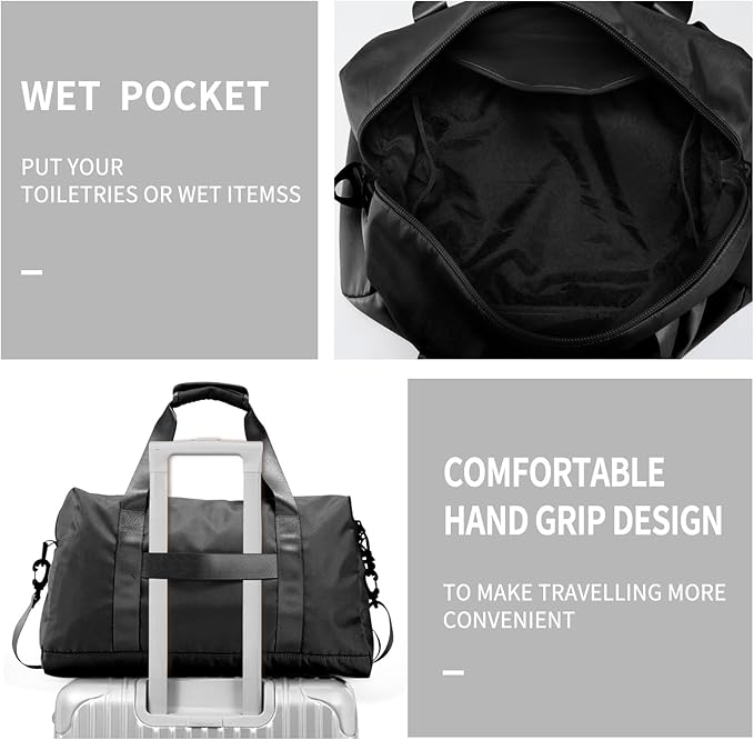 Travel Duffle Bag,Sport Gym Bag for Men And Women with Wet Pocket,Weekender Bag Carry On Tote Bags for Airplane (Black, M)