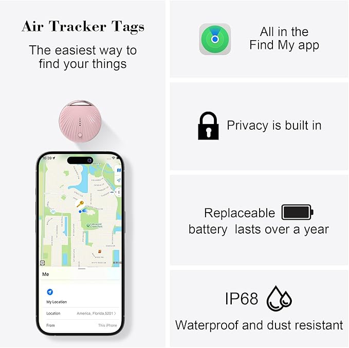 Air Tracker Tag, [MFi Certified] Smart Tag, Pet Bluetooth Tracker for Apple Find My, IP68 Waterproof,Replaceable Battery, Key Finder and Item Locator for Keys, Bags, Pets, Wallet-Pink