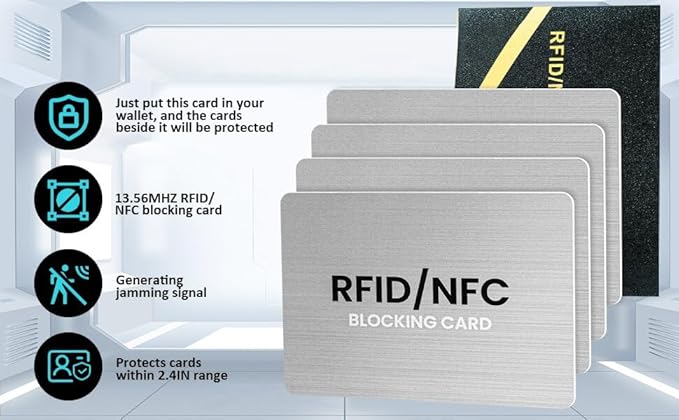 RFID Blocking Cards, Premium Contactless NFC Debit Credit Card & Passport Protector Blocker Set for Men & Women - Smart Slim Design One Card Protects Entire Wallet/Purse Safe - Silver 4 Pack