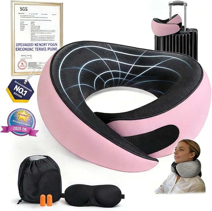 Memory Foam Travel Neck Pillow – Ergonomic Airplane Pillow with 360° Head Support | Includes Eye Mask & Ear Plugs | Ultra Portable Neck Pillow Airplane for Flights & Cars(Pink)