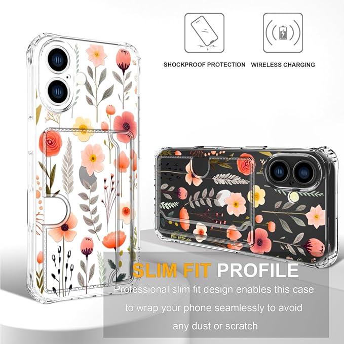 Compatible with iPhone 17 Case Card Holder for Women Cute Design,Wallet Phone Cases Transparent Cool Kawaii Protective (Clear Flowers Leaves)