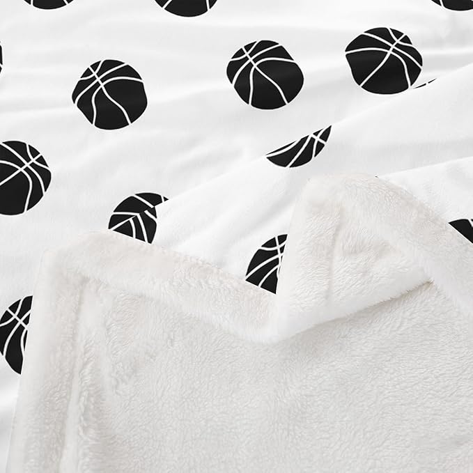 Basketball Kids Throw Blanket,Ball Sports Games Bed Blanket for Girls Boys Adults,Ball Simple Style Fashion Fleece Blanket,Black White Chic Fuzzy Blanket,Throw Size (50 x 60 Inches)