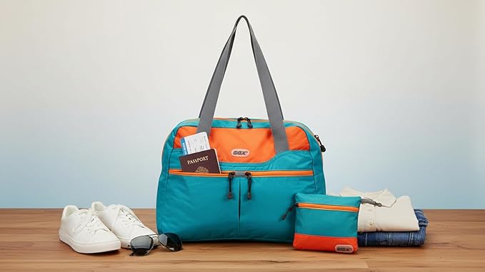 GOX Packable Tote Bag – Under Seat Airline Personal Item, Lightweight Foldable Travel Duffel 28L, Nylon Shoulder Bag for Women Men, Carry-on Weekender for Plane Gym (Turquoise)