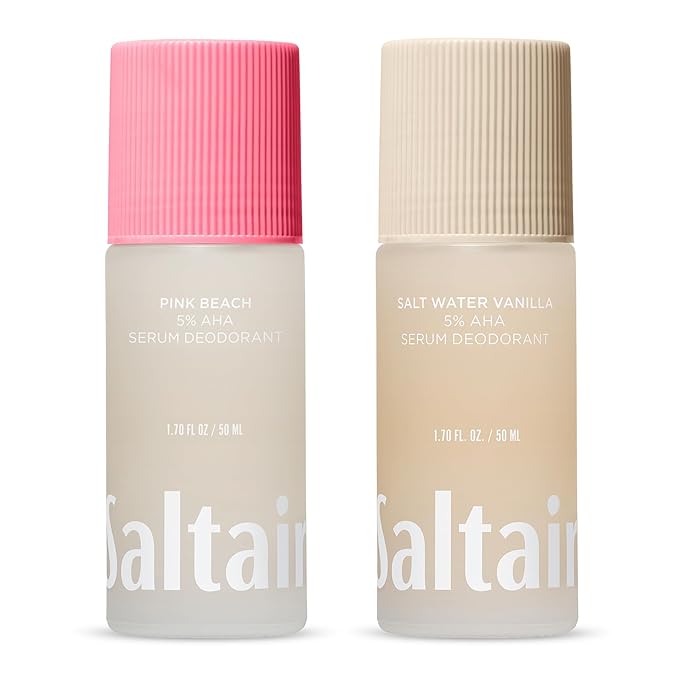 Saltair Serum Deodorant Variety Pack – Coconut Vanilla: Salt Water Vanilla & Pink Beach – 5% AHA – Aluminum-Free Odor Control for Women & Men – Mandelic Acid Deodorant – 2x 1.7oz Travel Roll On
