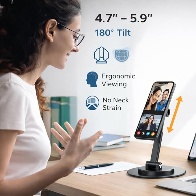 Mizi Magnetic Phone Stand for MagSafe - Adjustable Height & 360° Rotating iPhone Desk Holder Compatible with iPhone 17/16/15/14/13/12, Galaxy Series & MagSafe Cases – Black
