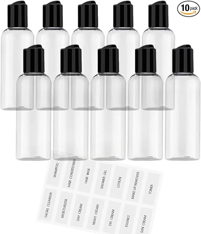 10 Pack Leakproof 3.4 Oz Travel Bottles - Refillable Empty Plastic Cosmetic Containers for Toiletries Shampoo Lotions Cream