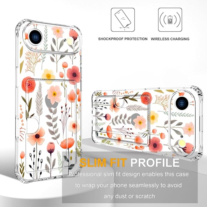 Compatible with iPhone 17 Air Case Card Holder for Women Cute Design,Wallet Phone Cases Transparent Cool Kawaii Protective (Clear Flowers Leaves)