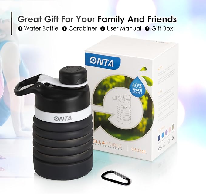 ONTA Collapsible BPA Free Silicone Water Bottle, 20oz - Portable, Leakproof, Easy Clean, Shatter Resistant, Travel Friendly