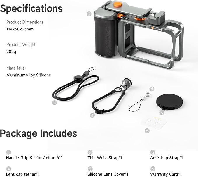 7RYMS 7RIG SC2 Street Grip Kit for DJI Osmo Action 6, Photography Handle Grip with Quick Release, Cold Shoe, Lens Cover, Wrist Strap, Grip Holder for Street Photography, Vlogging, Video Recording