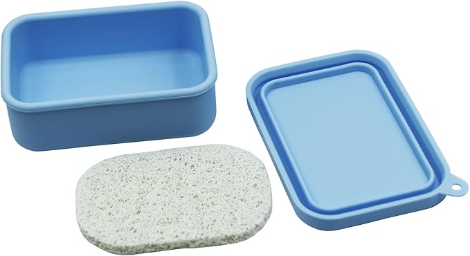 Leakproof Silicone Travel Soap Case,Portable Soap Box with Draining Layer for Shower,Bathroom,Camping,Hiking,Gym (Light Blue)