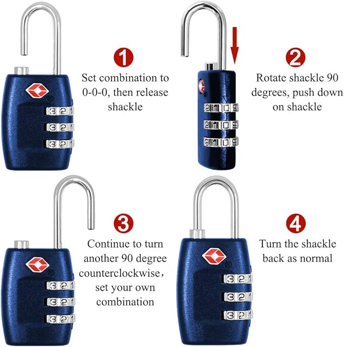 DanziX TSA Approved Lock and 4 Colors Stainless Steel Safety Tether，3-Dial Combination Travel Luggage Lock with Lanyard Security Cable for Protect Your Different Sizes of Suitcase,Baggage-Deep Blue