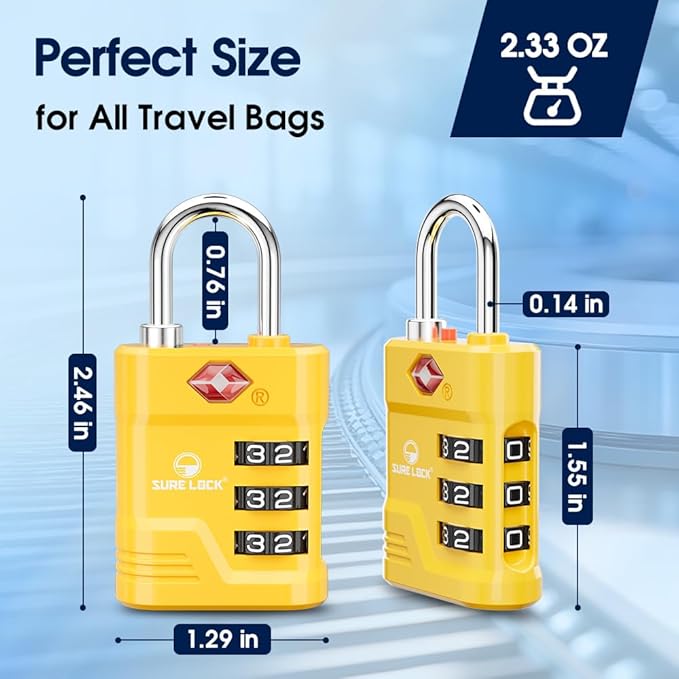 SURE LOCK TSA Approved Luggage Lock – 3-Digit Resettable Combination Padlock with Open Alert Red Dot, Large Easy-Read Dials for Suitcases, Backpacks, Gym & School Lockers(Yellow 1 pk)