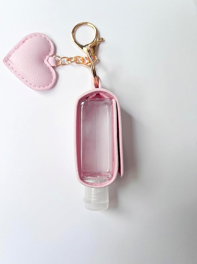 Keychain Travle Size Empty squeeze Bottle Holder for 1oz of Shampoo, Lotion, Soap or Hand Sanitizer in vegan leather. (Heart, Pink), Small