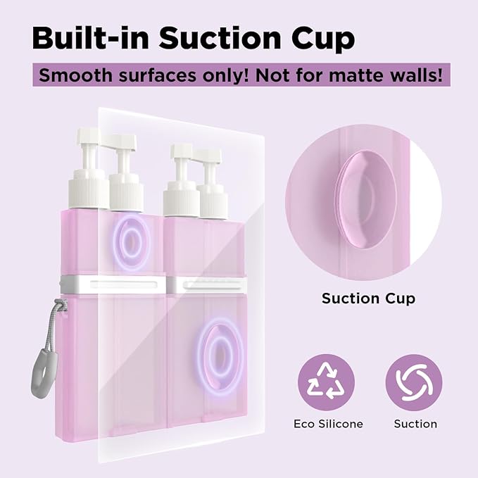4 in 1 Travel Dispenser Bottle, TSA Approved Refillable Shampoo and Conditioner Bottles Set with Suction Cup for Smooth Walls, Travel Size Toiletries Container for Body Wash/Lotion.(Pink)