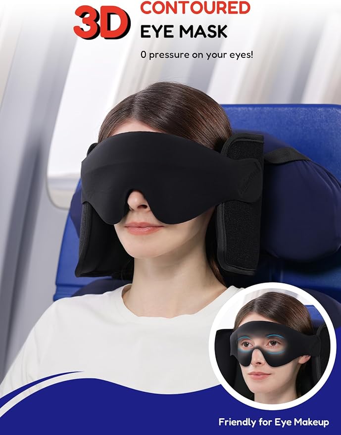 Travel Pillow for Airplane, Travel Pillow with Seat Strap and 3D Eye Mask to Firm Head, 360°Support Headrest No Bobblehead, Travel Essentials for Long Flight,Car Road Trip,Blue