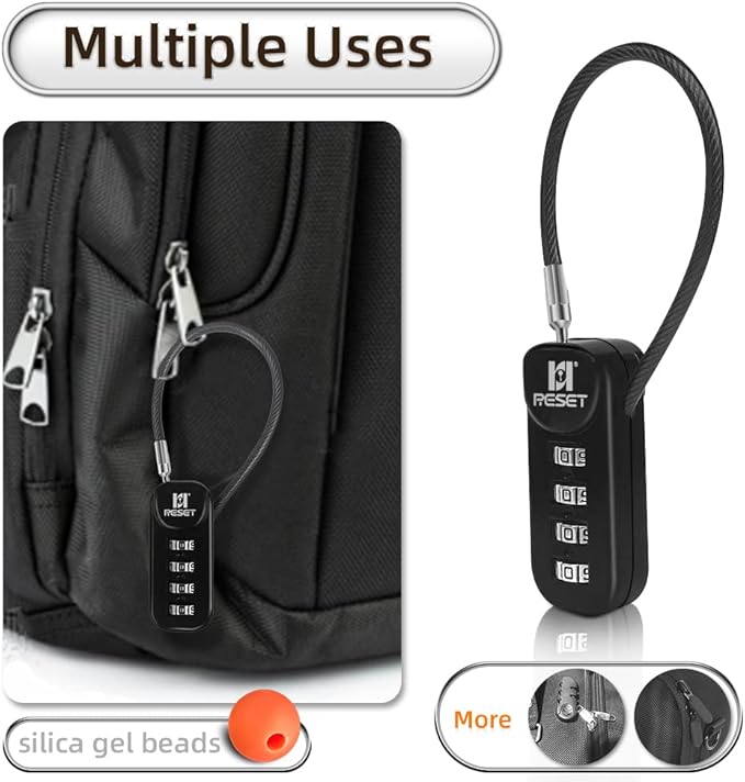 RESET-192 4 Digit Combination Padlock with 10cm(4 inch) Cable,Travel Lock for Luggage,Suitcase,Baggage,Backpack,Toolbox,Case,Black,3 Pack