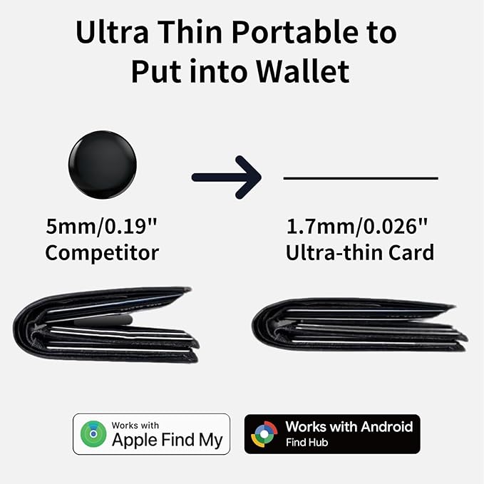Wallet Tracker Card [Apple MFi Certified] (iOS and Android) Bluetooth Tracker Card, 0.07in Rechargeable Smart Tracking Card Work with Apple Find My, Keys, Luggage Tags, Bags, Passports, Purse(2 Pack)