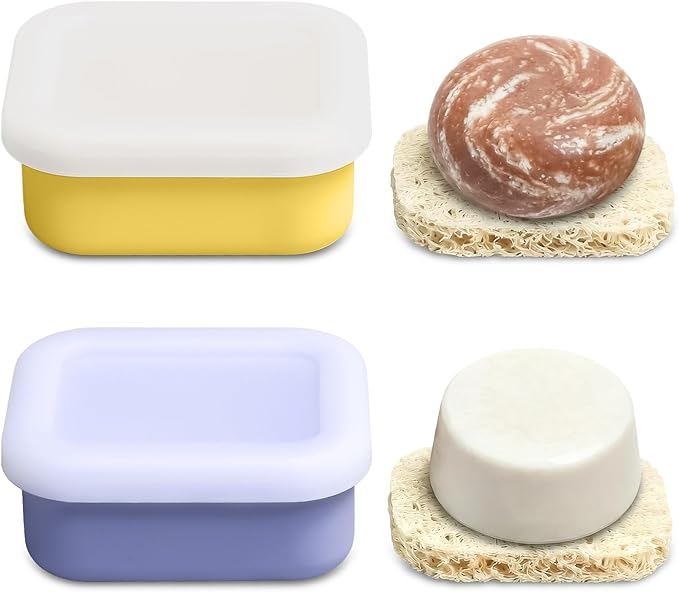 OTHIX 2 Pack Leakproof Silicone Travel Soap Case, Small Bar Soap Holder Container with Drainage Layer & Mini Portable Soap Dish for Shampoo Bars, Bathroom, Gym, Travel, Camping (Ice Blue & Yellow)