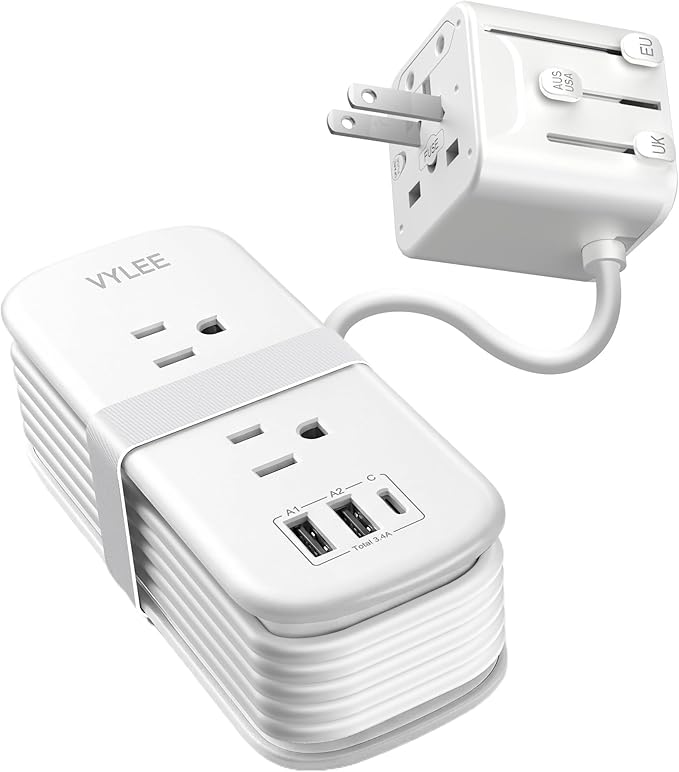 VYLEE Universal Travel Adapter with 6ft Extension Cord, Worldwide Plug Adapter (Type A/C/G/I) for Europe UK US AU, 2 AC Outlets + 3 USB Ports (USB-C), Cruise Ship Essentials Travel Power Strip