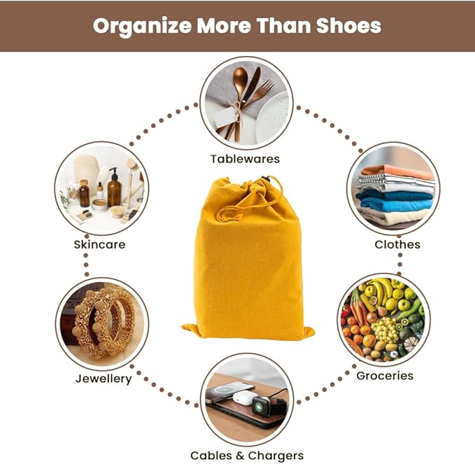 LFH Cotton Rich Shoe Storage Bags with Drawstring, Dustproof Breathable Reusable Organizer, Perfect For Travel, Dorm, Hotel, College, Gym, Easy to Carry, Machine Washable 12"x17" (Pack of 4) - Golden