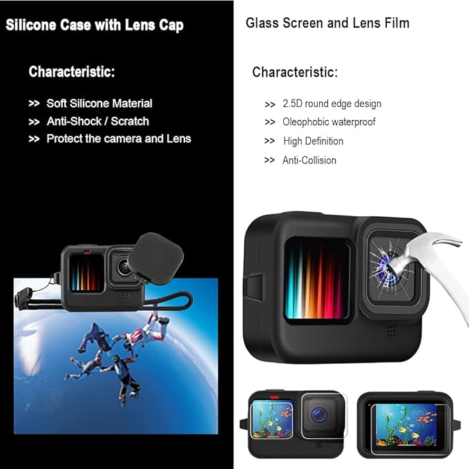 Accessories Kit for Gopro Hero 13 12 11 10 9 Black Waterproof Housing Silicone Case Glass Screen Protector Bundle for Go pro Gopro13 Gopro12 Gopro11 Gopro10 Hero13 Hero12 Hero11 Hero10 Camera 62E