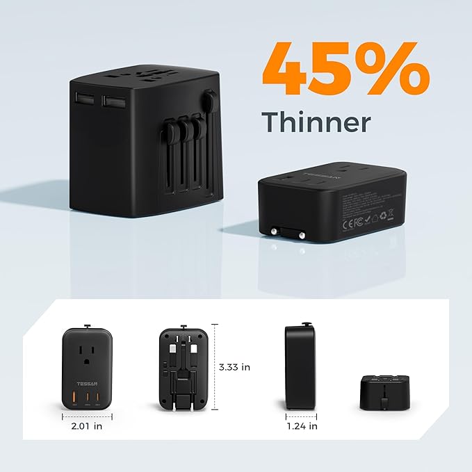 TESSAN International Power Adapter PD 20W, Ultra Thin Universal Adapter, Worldwide Outlet Plug with 2 USB C 1 USB A for US to Europe UK Spain Australia France Germany Thailand (Type C G A I), Black