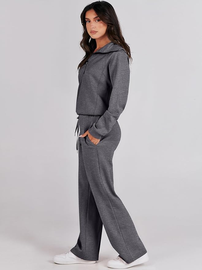 ANRABESS Women 2 Piece Outfits 2025 Fall Fashion Airport Wide Leg Pants Lounge Set Leisure Travel Vacation Clothes Sweatsuits