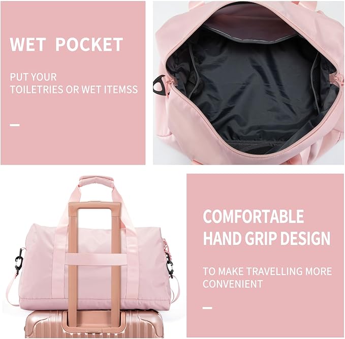 Travel Duffle Bag,Sport Gym Bag for Men And Women with Wet Pocket,Weekender Bag Carry On Tote Bags for Airplane PINK
