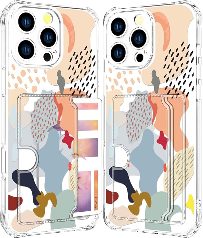 Compatible with iPhone 16 Pro Case Card Holder for Women Cute Design,Wallet Phone Cases Transparent Cool Kawaii Protective (Clear Abstract Art)