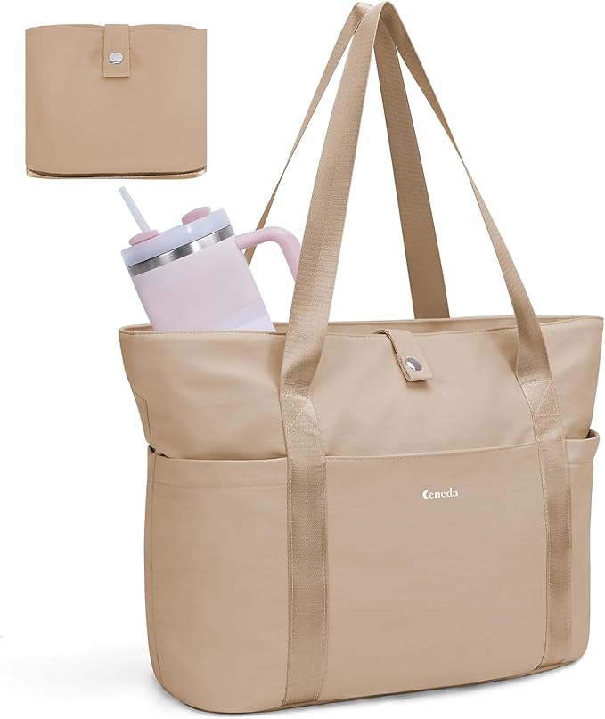Ceneda Foldable Tote Bag for Women, Lightweight Work Bag with Dual Inner Cup Holders, Daily Handbag for Travel, Gym, Grocery | 40oz Tumbler Holder, Well-organized, Portable, Durable, 21L Large Capacity, Beach/Shopping/Trips, Ideal Gift for Her