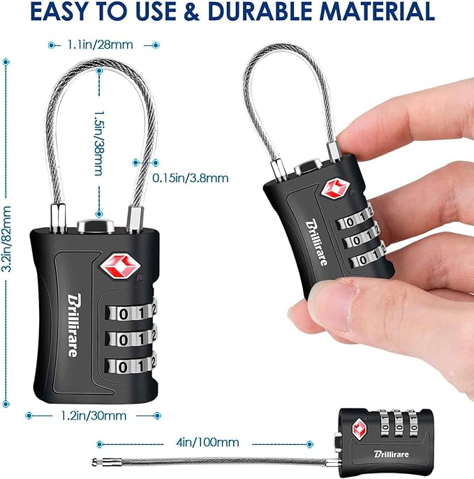 2 Pack TSA Approved Luggage Locks, Combination Travel Cable Padlock, 3-Digit Waterproof Lock, TSA Accepted Outdoor Keyless Resettable Lock for Lockers, Bags, Gym, Gate-Black