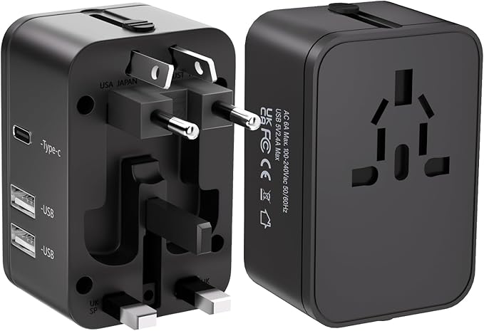 Travel Plug Adapter with 2 USB A+1 USB C,Universal All in One Worldwide Travel Adapter,Power Converters Wall Charger,AC Power Plug Adapter,International Power Adapter for USA EU UK AUS Black