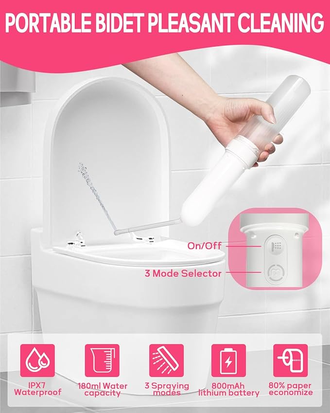 Portable Bidet - Handheld Travel Bidet with 3 High Spraying Modes, USB-C Rechargeable and IPX7 Waterproof for Women and Men Personal Hygiene Cleaning/Soothing Postpartum Care