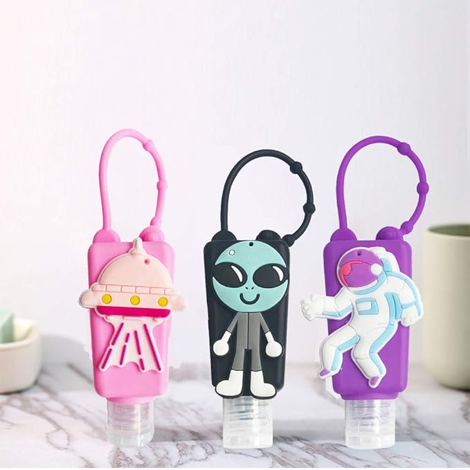 6Pcs Travel Size Kids Empty Hand Sanitizer Bottles with Keychain Holder Detachable Silicone Protective Case 30ml Plastic Travel Bottles Leak Proof Refillable Containers - Space