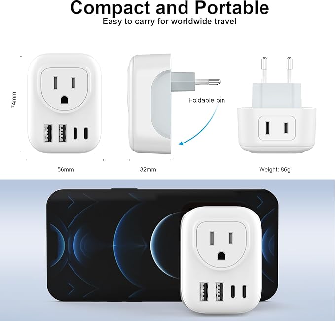 European Travel Plug Adapter, International Plug Adapter with 2 AC Outlets 4 USB Ports(2 USB C), Type C Europe Power Plug Charger for US to Europe EU France Spain Germany Iceland Italy