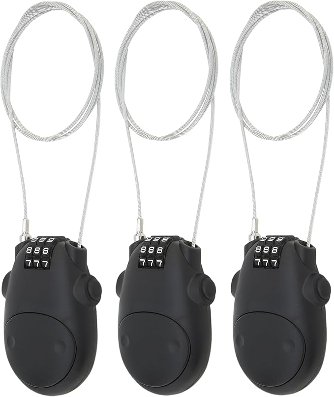 Combination Cable Lock, Cable Luggage Locks with 30 inch Retractable Steel Cable, Travel Lock Combo Mini Lock for Suitcase Stroller Bike (3, Black)