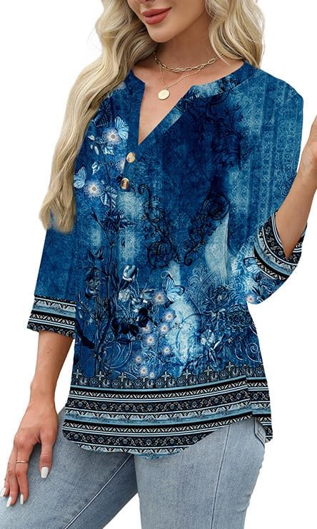 OFEEFAN Womens Tops 3/4 Sleeve Henley Shirts for Women Summer Outfits Fashion Clothing