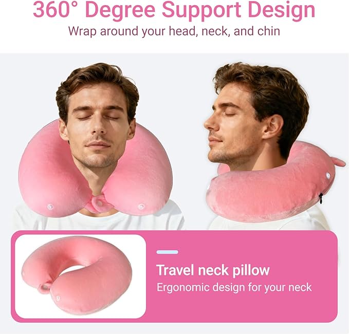Travel Pillow with Removable Large Hood, Memory Foam Neck Pillow for Airplane, Car, Train Travel Sleeping & Rest, with Soft Cover (Pink)